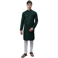 Jompers Men's Chikankari Embroidered And Sequence Kurta With Pyjama (Olive, Xl)