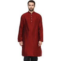 Kisah Men Maroon Solid A-Line Kurta Full Sleaves, Knee Length, Straight, Regular Fit, Mandarin Collar Ethnic Wear