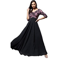 Miss Chase Women's Sweet Heart Neck 3/4Th Sleeve Self Design Fit & Flare Maxi Dress (Mcss23D79-06-245-06, Black And Lavender, Xl)
