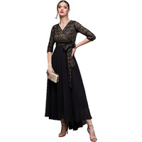 Miss Chase Women's Self-Designed Relaxed Fit V-Neck 3/4Th Sleeve Georgette And Lace Maxi Dress With Pocket (Mcss21D14-67-62-09, Black, 4Xl)