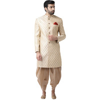 Kisah Men's Cotton Blend Full Sleeves Regular Fit Woven Design Cream Indo-Western Sherwani Dhoti Pant Set (Xl)
