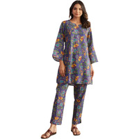 Nainvish Women's Blue Floral Printed A-Line Cotton Blend V-Neck Co-Ord Set (Sd667_Kb-S)