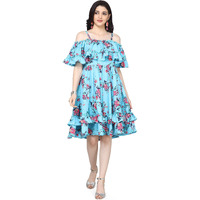 Oomph! Women's Western & Fusion Wear Crepe Pleated Knee-Long Dress - Sea Blue