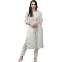 Ishin Women's Chanderi Silk Green Embroidered A-Line Kurta Suit Set With Dupatta & Pants Kpldpnk-19112_M_Green