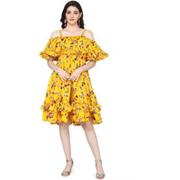 Oomph! Women's Western & Fusion Wear Crepe Pleated Knee-Long Dress - Tuscansun Yellow