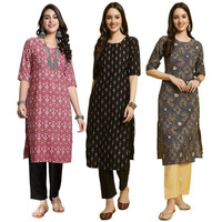 Pinkmint Women's Crepe Printed Kurta And Pant Set (Pack Of 3)
