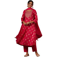 Ishin Women's Magenta Foil Print Zari Work A-Line Kurta Suit Set With Trousers & Dupatta