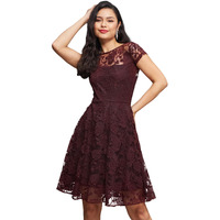 Miss Chase Women's Round Neck Cap Sleeves Lace Knee Long Skater Dress (Mcaw15D05-43-184-06, Wine, Xl)