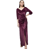 Miss Chase Women's Dark Mauve V-Neck 3/4Th Sleeve Solid Ruched Maxi Dress (Mcss22D99-68-255-03, Dark Mauve, S)