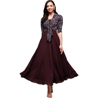 Miss Chase Women's Floral Notched Collar 3/4 Sleeve Georgette Jacket Style Maxi Dress (Mcss23D16-34-252-02, Multicolored-Base-Wine, Xs)