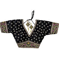 Pujia Mills Women's Milan Silk Golden Zari Embroidery With Sequins Work Black Saree Blouse(Vanshika Black_42)