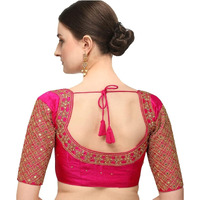 Pujia Mills Women's Phantom Silk Floral Half Sleeve Saree Blouse (Kundan Pink_38)