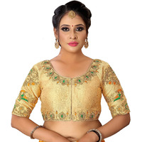 Pujia Mills Women's Phantom Silk Peacock Half Sleeve Saree Blouse (Rakhiii_Gold_38 Size+Margin)