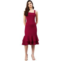 Rare Women Casual Maroon Colour A-Line Midi Solid Dress, Medium