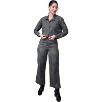 Popwings Casual Checks Print Crop Shirt And Trouser Co-Ord Set For Women | Shirt And Pant Co-Ord Set For Women | Full Sleeves Co-Ord Set For Women | Western 2 Piece Set For Women Beige