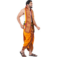 Prakasam Cotton Mens Asha Silk Panchakacham Ready To Wear Dhoti Towel Set With Pocket/Panchakacham Dhoti With Angavastram (Stitched Dhoti With Pocket