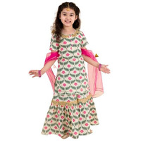 Pspeaches Girls Off White Floral Yoke Design Empire Pure Cotton Relaxed Fit Kurti With Skirt With Dupatta (White-6-7Y), 6 Years-7 Years