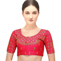 Pujia Mills Women's Silk Embroidery Half Sleeve Keri Designe Readymade Blouse (Gajari)