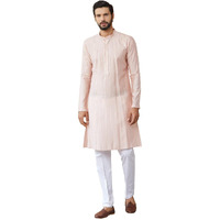 See Designs Men's Long Sleeve Mandarin Collar Side Slit Light Pink Sequins Embroidered Pure Chanderi Silk Straight Kurta - Sdkt2539M