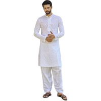 See Designs White Cotton Regular Fit Embroidered Kurta Set Mandarin Collar Long Sleeves_Sdmkt109203L