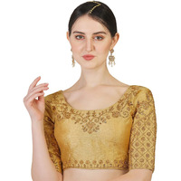 Pujia Mills Women's Phantom Silk Floral Half Sleeve Saree Blouse (Floral Blouse Variation_Gold_38 Size+Margin)