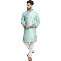 Sojanya (Since 1958 Men's Silk Blend Sea Green Pintex Kurta And White Churidar Pyjama Set