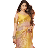 Satrani Women's Organza Printed Zari Woven Jacquard Zari Stripe Saree With Unstitched Blouse Piece (3644S432N_Yellow &Light Pink)