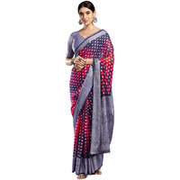 Satrani Women's Georgette Printed Banarasi Jacquard Saree With Unstitched Blouse Piece (3813S6119N_Navy Blue & Bright Red & Silver)