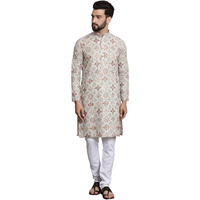 Sojanya (Since 1958 Men's Cotton Blend Cream Kurta And White Churidar Pyjama Set