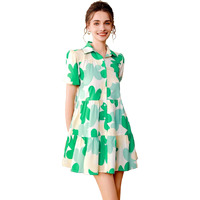 Shasmi Women's Green Flower Print Short Sleeve Button Front All-Over Printed Dresses, Ruffle Hem Smock Dress For Woman (161 Dress Green-S)
