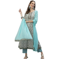 Stylum Women's Floral Printed Cotton Anarkali Kurta Pant Dupatta Set (Skypeggy36_Sky Blue, S)
