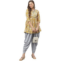 Stylum Women's Floral Printed Cotton Pleated Kurta Dhoti Pant Set (Kdmustimara36_Mustard, S)