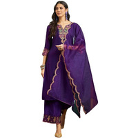 Shiv Textiles Embroidery Violet Kurta Trousers With Dupatta Striped Viscose Silk Blend Three-Quarter Sleeves Kurta Sets For Womens(Jd-Radhika-Violet-L)