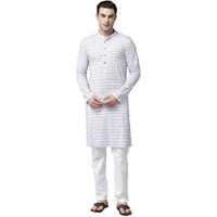 See Designs Men Mandarin Collar White & Blue Pure Cotton Embroidered Staright Full Sleeve Kurta With Pajama - Sd2Mekt_126401S