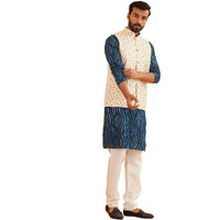 Sojanya (Since 1958 Men's Pure Cotton Teal Blue Kurta And White Pyjama With Cream Embroidery Nehru Jacket