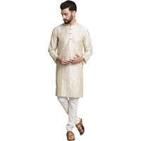 Sojanya (Since 1958 Men's Silk Blend Cream Pintex Kurta And White Churidar Pyjama Set