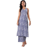Varanga Women Paisley Printed Pure Cotton Halter Neck Kurta With Trousers | Stylish Ethnic Wear For Women (Large) Blue