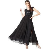 Miss Chase Women's Black V-Neck Cap Sleeved Solid Wrap Maxi Dress (Mcss20D06-10-62-07, Black, 2Xl)