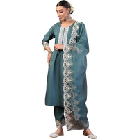 Stylum Women's Embroidered Silk Blend Straight Kurta Pant Dupatta Set (Kpdaquarajni40_Aqua, L)