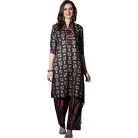 Om Sai Latest Creation Kurta For Women || Cotton Fully Stitched Floral Hand Block Printed Straight Kurtas For Girls || Stand Collar 'V' Neckline Kurta || Casual Kurtas For Women. (Large, Black)