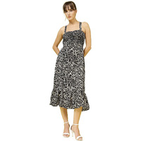 Oomph! Women's Western & Fusion Wear Printed Crepe Dress For Women, Smocked Bodice, Black - Md1031