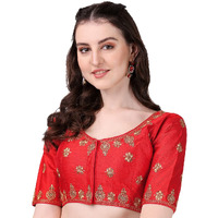 Pujia Mills Women's Silk Embroidery Coding Multi Work Readymade Saree Blouse(Reena Red_38)
