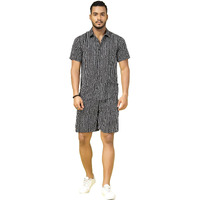 Rigo Printed Co-Ord Set For Men's | Casual Shirt & Shorts Night Suit Set | Lounge-Wear Nightdress Shorts Set For Men's | Night Wear, Beach Wear, Vacation Wear Outfit Black S