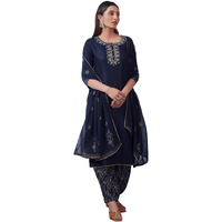 Sanisa Women's Cotton Blend Sequence Embroidery Work Foil Printed Straight Kurta With Pant And Dupatta (109Kbd1193Na-Xxl_Navy Blue2)