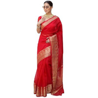 Satrani Women's Organza Woven Zari Patta In Pallu & Jacquard Border Saree With Unstitched Blouse Piece (3276S251N_Red3)