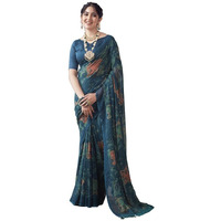 Satrani Women's Georgette Sequence Woven Zari Work Printed Saree With Unstitched Blouse Piece (3499S732N_Rama Blue & Turquoise & Multi)