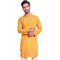Jompers Chikankari Pure Cotton Kurtas For Men (Mustard, L)