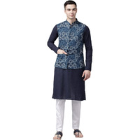See Designs Men Blue & Beige Printed Pure Cotton Kurta Pyjama With Nehru Jacket_Sdnj22401Xs