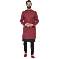 Kisah Men's Indo-Western Kurta Sherwani Churidar Set, Maroon Cotton Blend, Solid Dyed Regular Fit Mandarin Collar Full Sleeves (42)