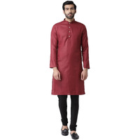Kisah Cotton Blend Maroon Kurta For Men, Full Sleaves, Knee Length, Straight, Regular Fit, Mandarin Collar, Geometric Embroidered Mirror Work Ethnic Casual